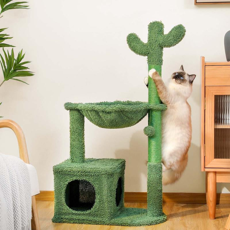 Cactus Cat Tree Condo 40" with Hammock Perch, Cat Sisal Scratching Post for Indoor Kitty Medium Cats,Green N073