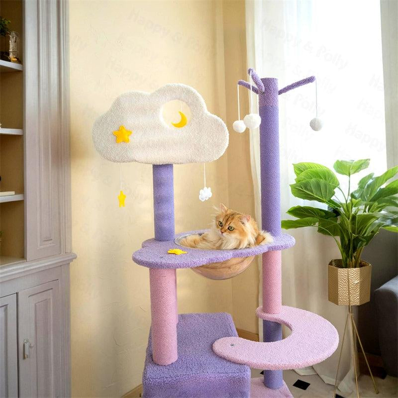65" Moonlight Deluxe Cat Tree Condo Jumbo, Multi-Color Purple, Multi-Level Platforms, Acrylic Hammock, Sisal Boards, Hanging Interactive Toys Home