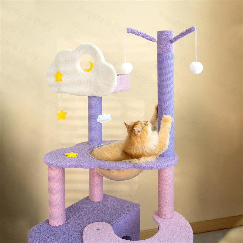 65" Moonlight Deluxe Cat Tree Condo Jumbo, Multi-Color Purple, Multi-Level Platforms, Acrylic Hammock, Sisal Boards, Hanging Interactive Toys Home