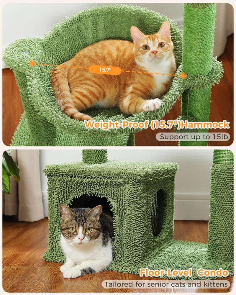 Cactus Cat Tree Condo 40" with Hammock Perch, Cat Sisal Scratching Post for Indoor Kitty Medium Cats,Green N073