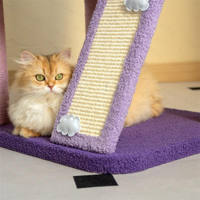 65" Moonlight Deluxe Cat Tree Condo Jumbo, Multi-Color Purple, Multi-Level Platforms, Acrylic Hammock, Sisal Boards, Hanging Interactive Toys Home