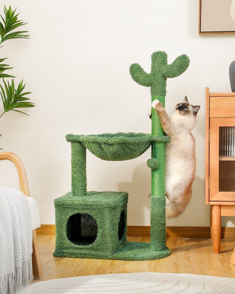 Cactus Cat Tree Condo 40" with Hammock Perch, Cat Sisal Scratching Post for Indoor Kitty Medium Cats,Green N073