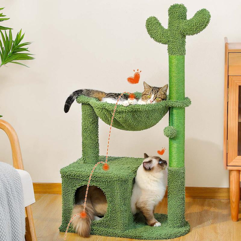 Cactus Cat Tree Condo 40" with Hammock Perch, Cat Sisal Scratching Post for Indoor Kitty Medium Cats,Green N073