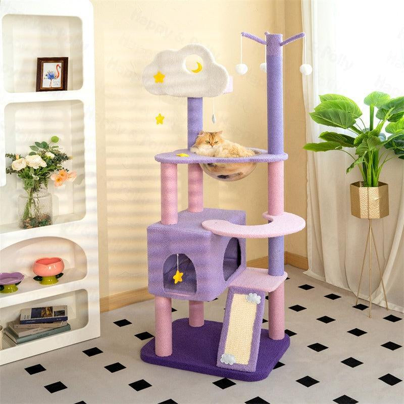 65" Moonlight Deluxe Cat Tree Condo Jumbo, Multi-Color Purple, Multi-Level Platforms, Acrylic Hammock, Sisal Boards, Hanging Interactive Toys Home