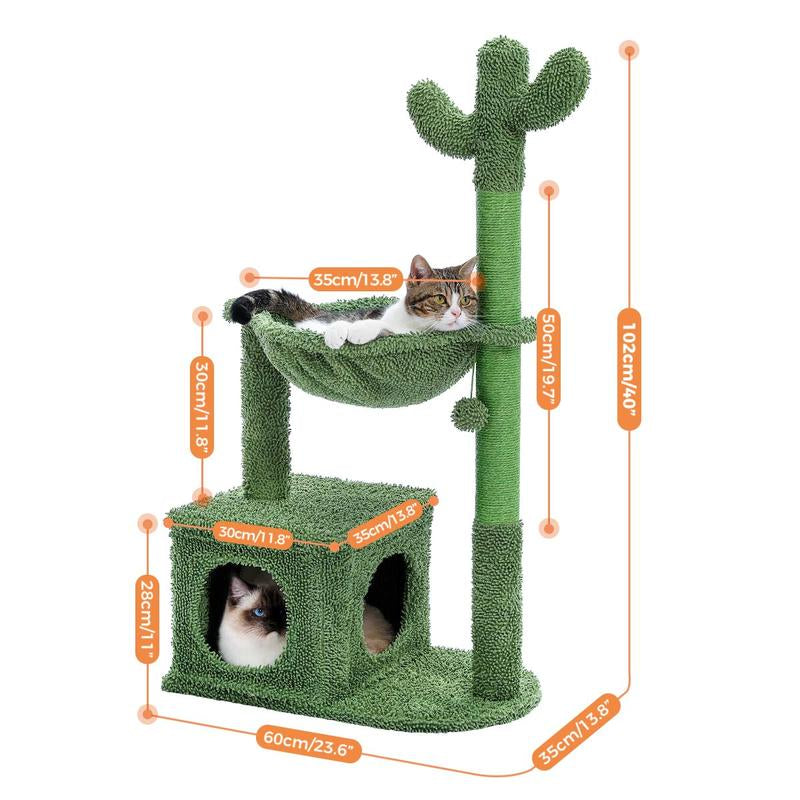 Cactus Cat Tree Condo 40" with Hammock Perch, Cat Sisal Scratching Post for Indoor Kitty Medium Cats,Green N073