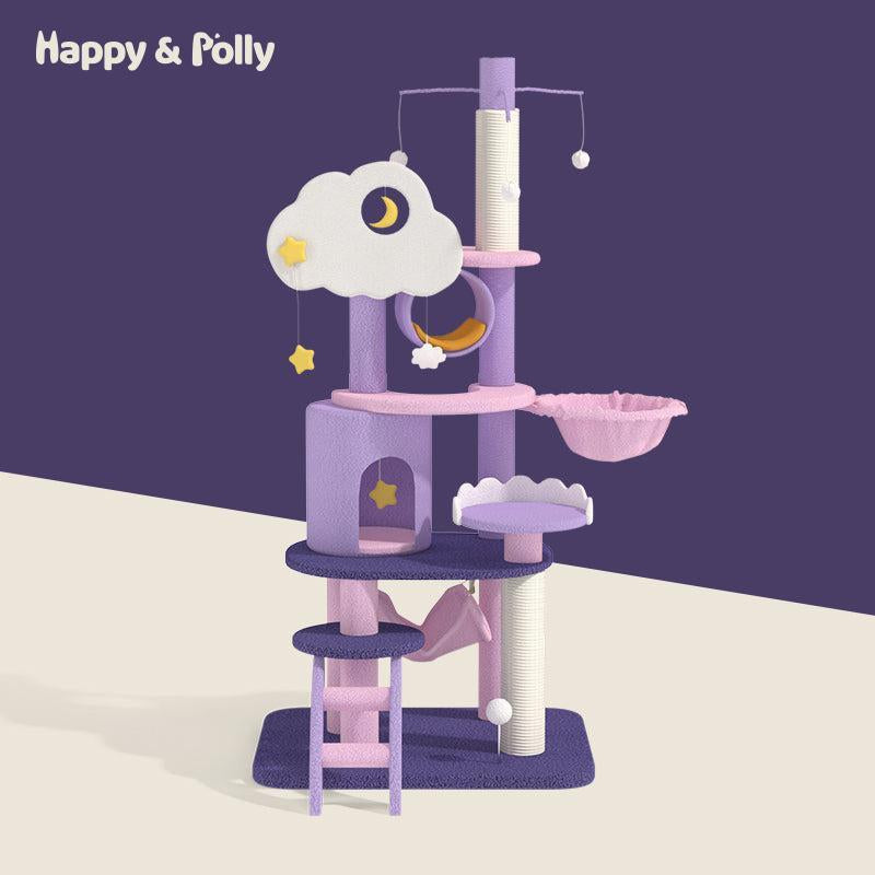 65" Moonlight Deluxe Cat Tree Condo Jumbo, Multi-Color Purple, Multi-Level Platforms, Acrylic Hammock, Sisal Boards, Hanging Interactive Toys Home