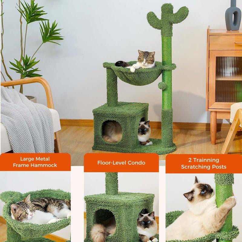 Cactus Cat Tree Condo 40" with Hammock Perch, Cat Sisal Scratching Post for Indoor Kitty Medium Cats,Green N073