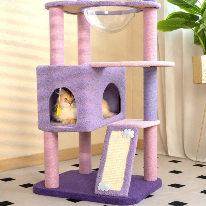 65" Moonlight Deluxe Cat Tree Condo Jumbo, Multi-Color Purple, Multi-Level Platforms, Acrylic Hammock, Sisal Boards, Hanging Interactive Toys Home