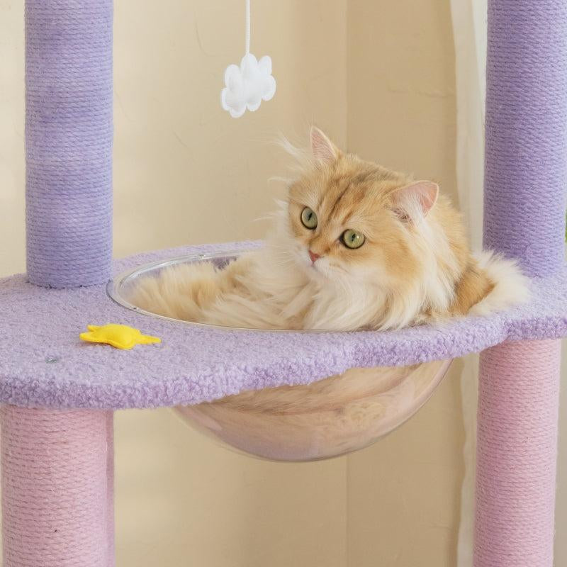 65" Moonlight Deluxe Cat Tree Condo Jumbo, Multi-Color Purple, Multi-Level Platforms, Acrylic Hammock, Sisal Boards, Hanging Interactive Toys Home