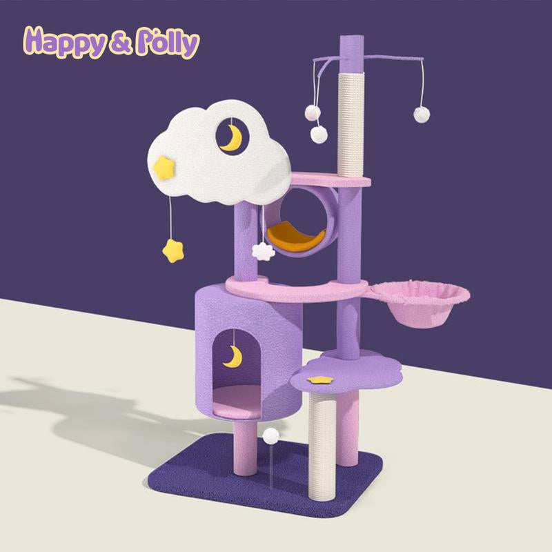 65" Moonlight Deluxe Cat Tree Condo Jumbo, Multi-Color Purple, Multi-Level Platforms, Acrylic Hammock, Sisal Boards, Hanging Interactive Toys Home